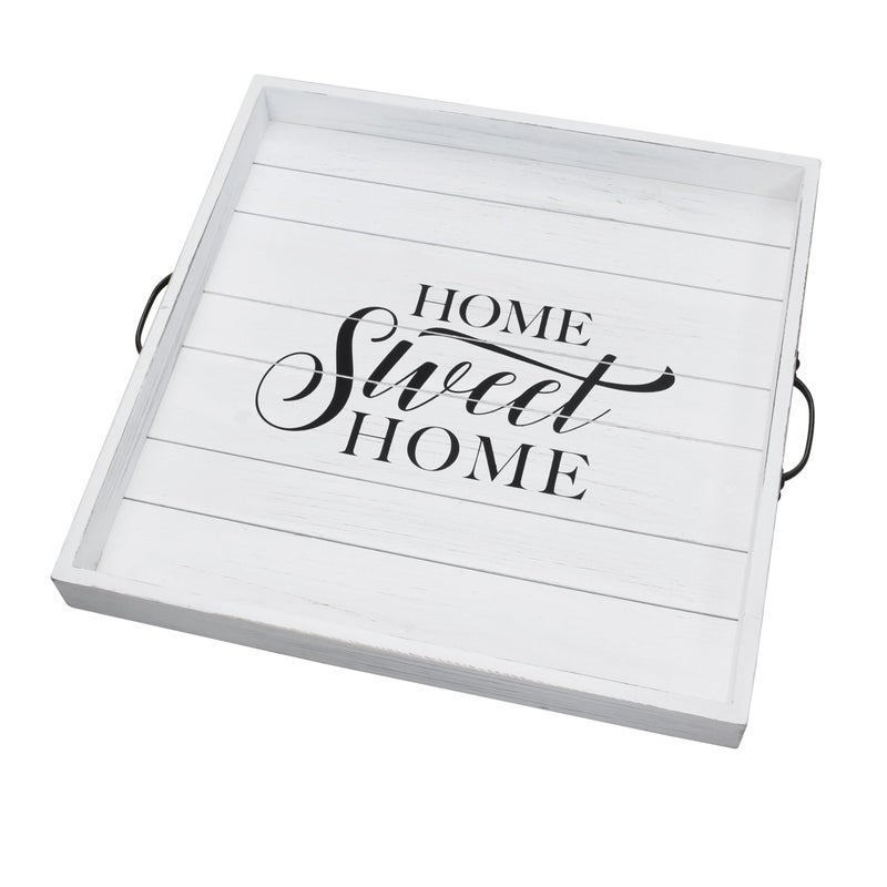 Stonebriar Square Worn White Home Sweet Home Decorative Wooden Tray with Metal Handles - Image 3